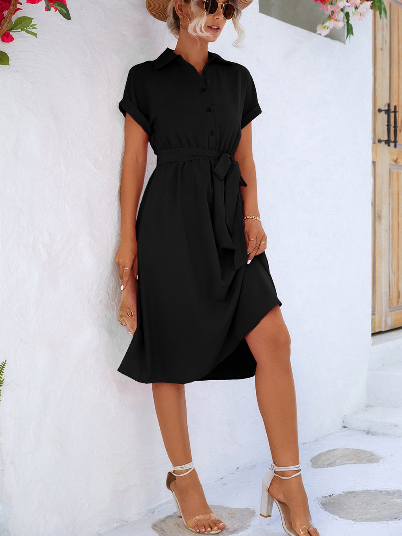 Buttoned Tie Waist Short Sleeve Dress