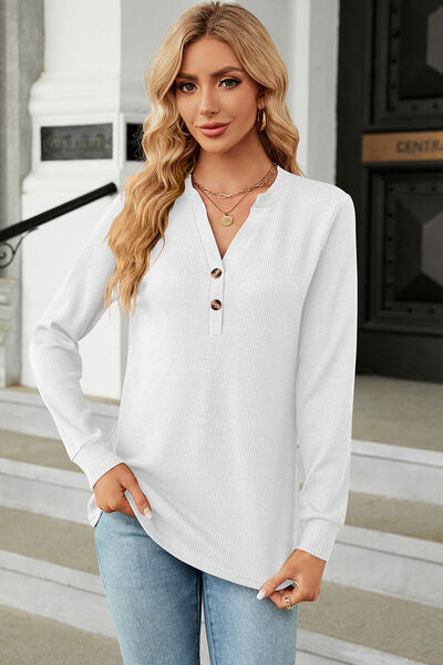 SAMPLE Waffle-Knit Notched Long Sleeve T-Shirt-White Medium