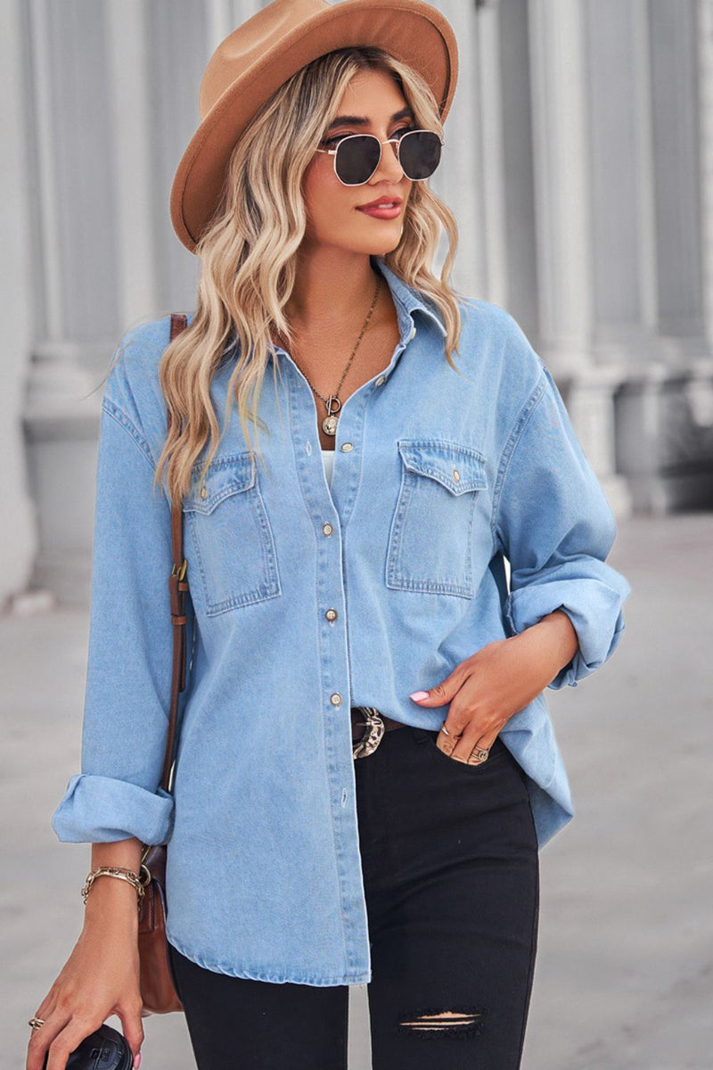 SAMPLE Collared Neck Dropped Shoulder Denim Top LIGHT XL