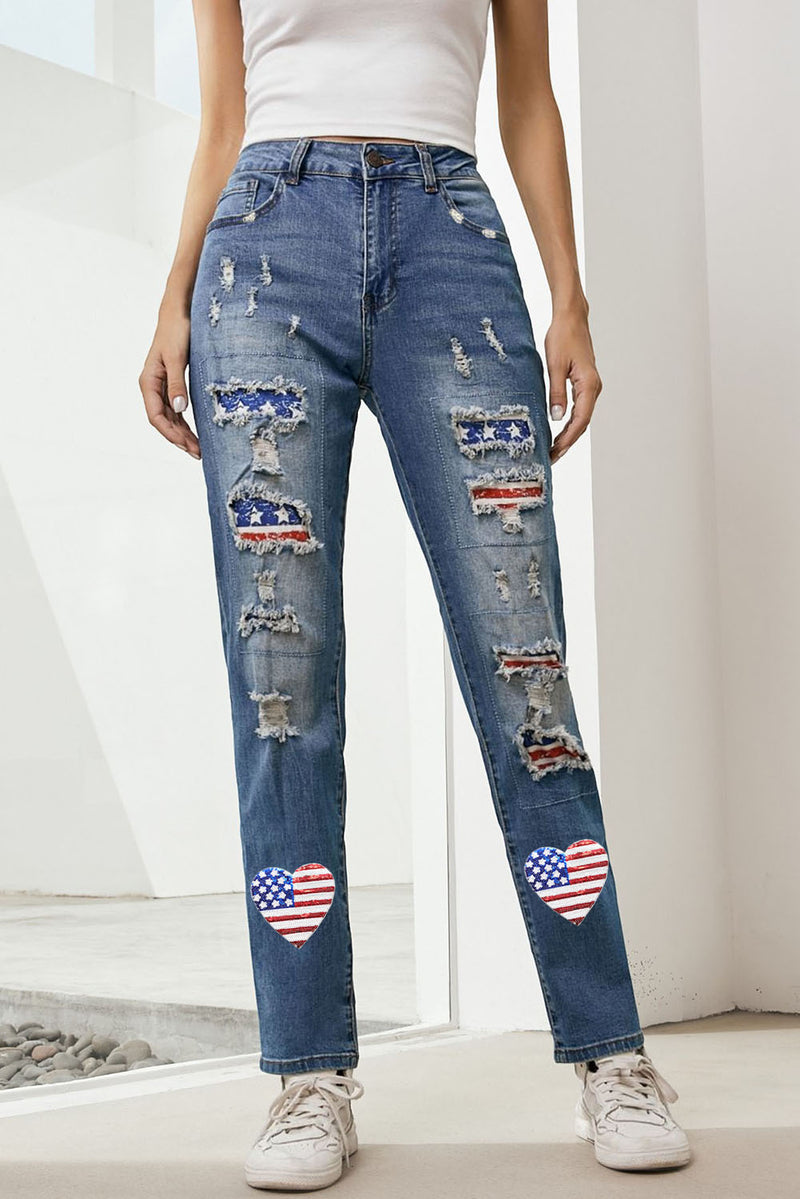 US Flag Distressed Straight Jeans