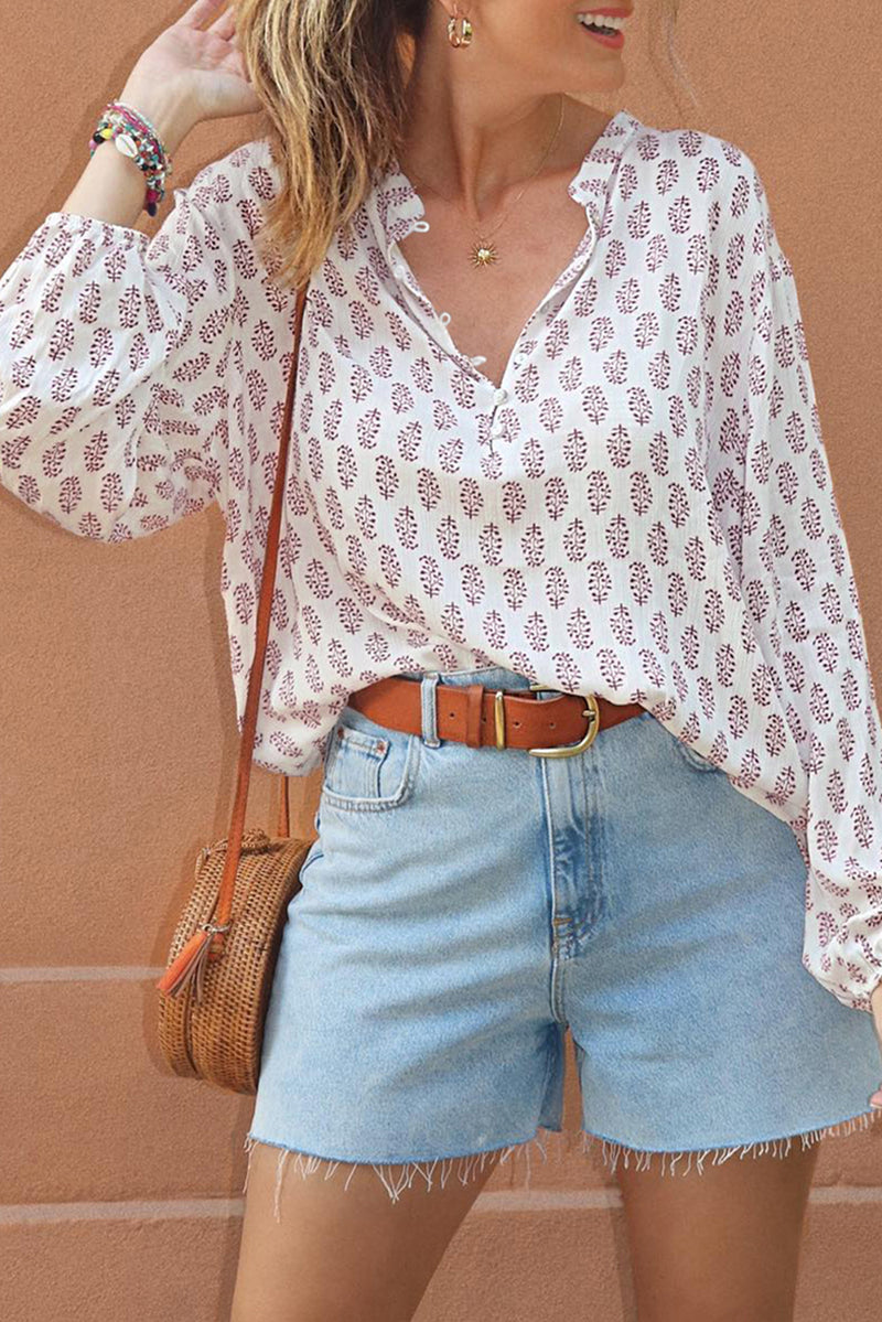 Printed Half Button Long Sleeve Blouse