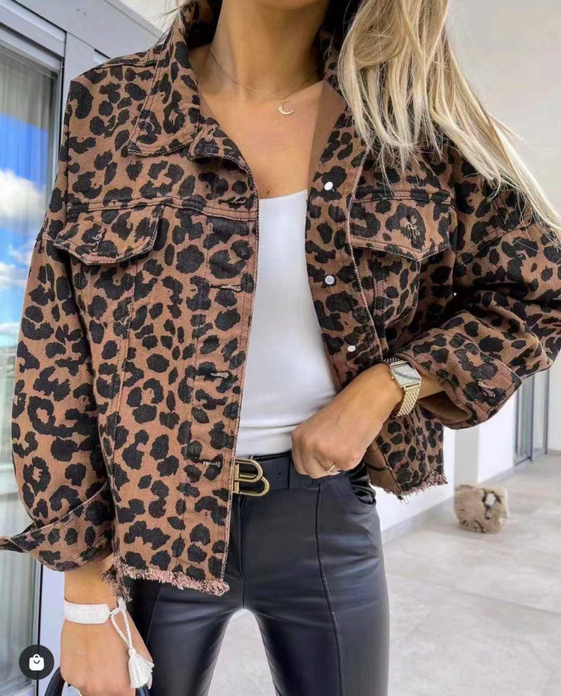 SAMPLE Leopard Raw Hem Denim Jacket XL