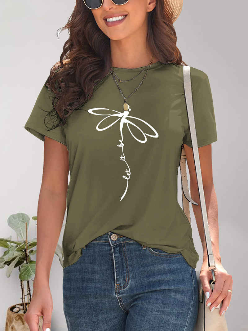 Dragonfly Graphic Round Neck Short Sleeve T-Shirt