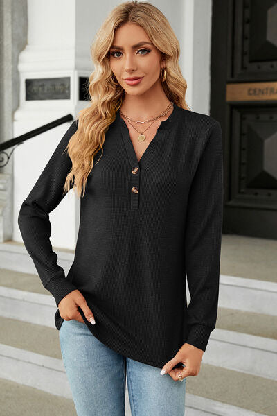 SAMPLE Waffle-Knit Notched Long Sleeve T-Shirt- Black Medium