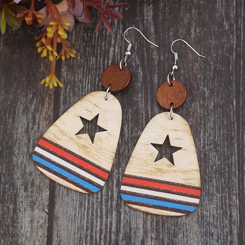 Cutout Star & Stripes Wooden Dangle Earrings