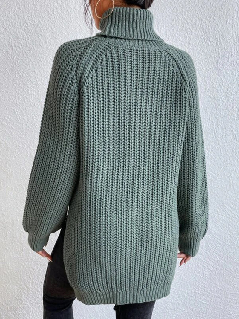SAMPLE Full Size Turtleneck Rib-Knit Slit Sweater AIR FORCE BLUE/LG