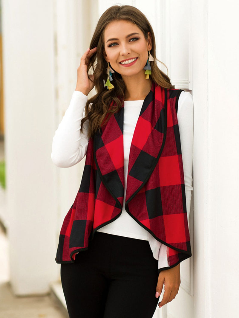 SAMPLE Plaid Open Front Sleeveless Cardigan MD