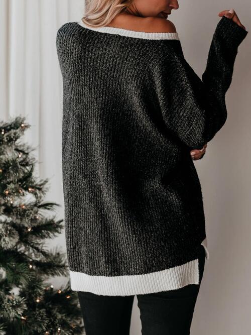 SAMPLE Color Block Round Neck Long Sleeve Sweater BLACK/XL