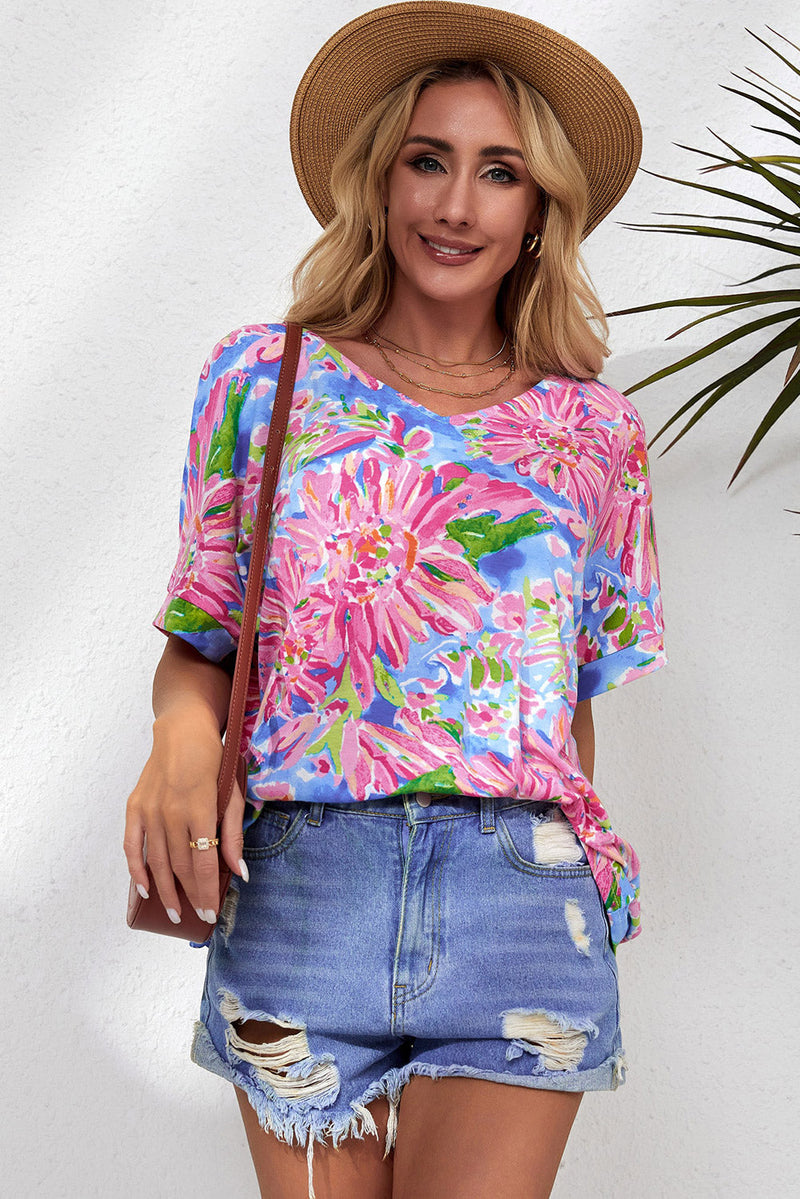 SAMPLE Floral V-Neck Short Sleeve Blouse