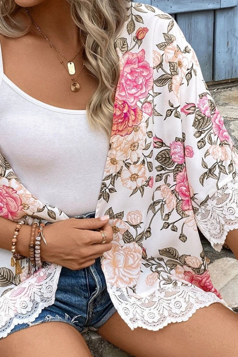 Lace Detail Floral Open Front Half Sleeve Cover Up