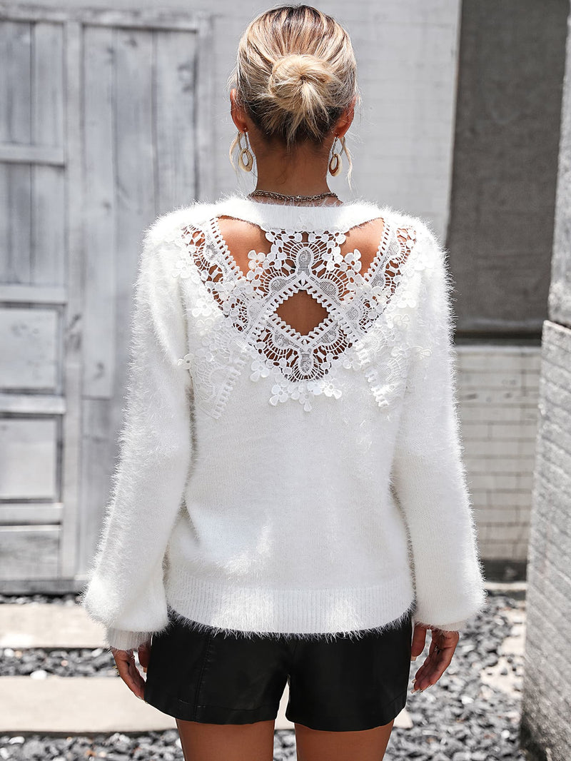SAMPLE Lace Detail Cutout Long Sleeve Pullover Sweater WHITE LG