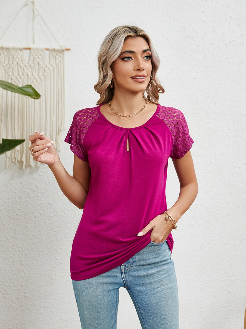 Lace Detail Round Neck Short Sleeve T-Shirt