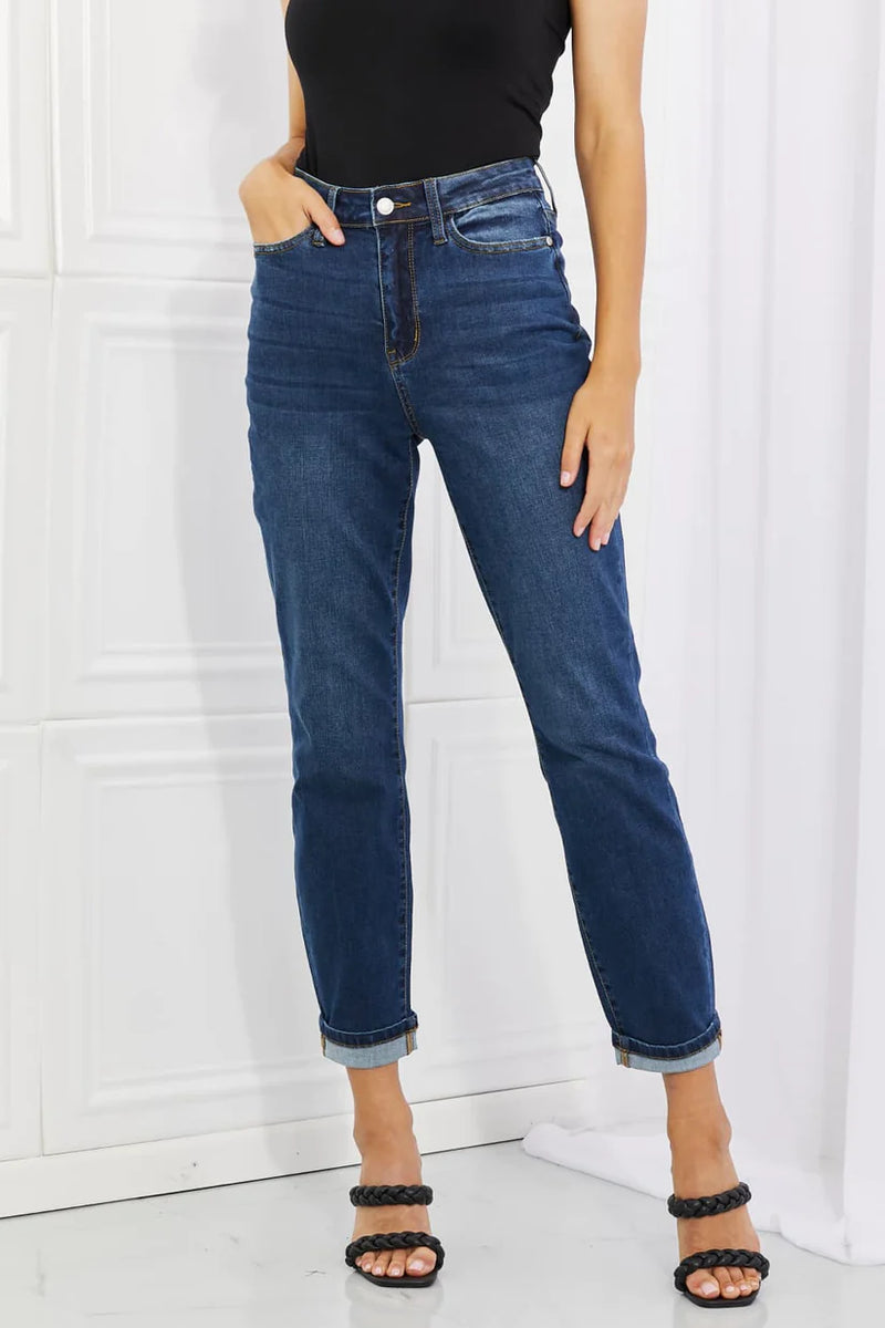 SAMPLE Judy Blue Crystal Full Size High Waisted Cuffed Boyfriend Jeans- Dark 11(30)