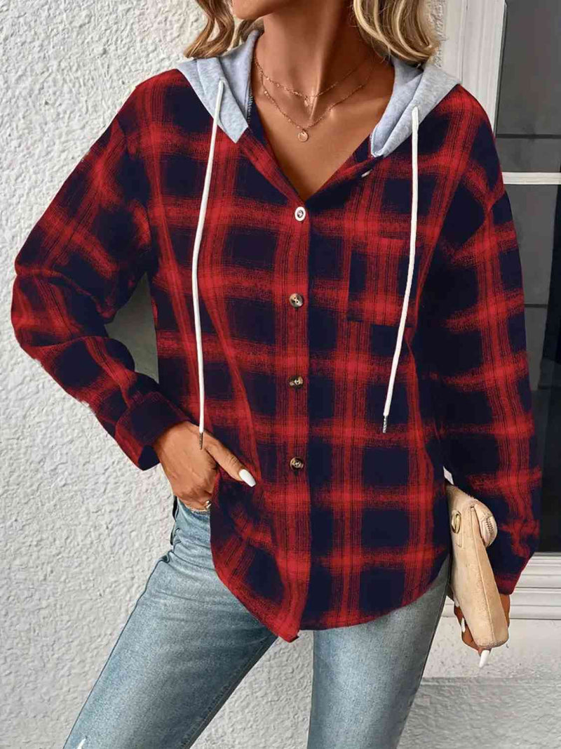 SAMPLE Plaid Drawstring Button Up Hooded Jacket BRICK RED - XL