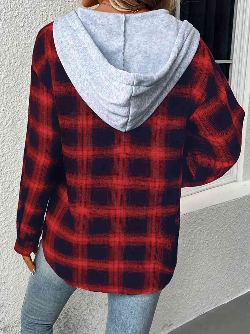 SAMPLE Plaid Drawstring Button Up Hooded Jacket BRICK RED - XL