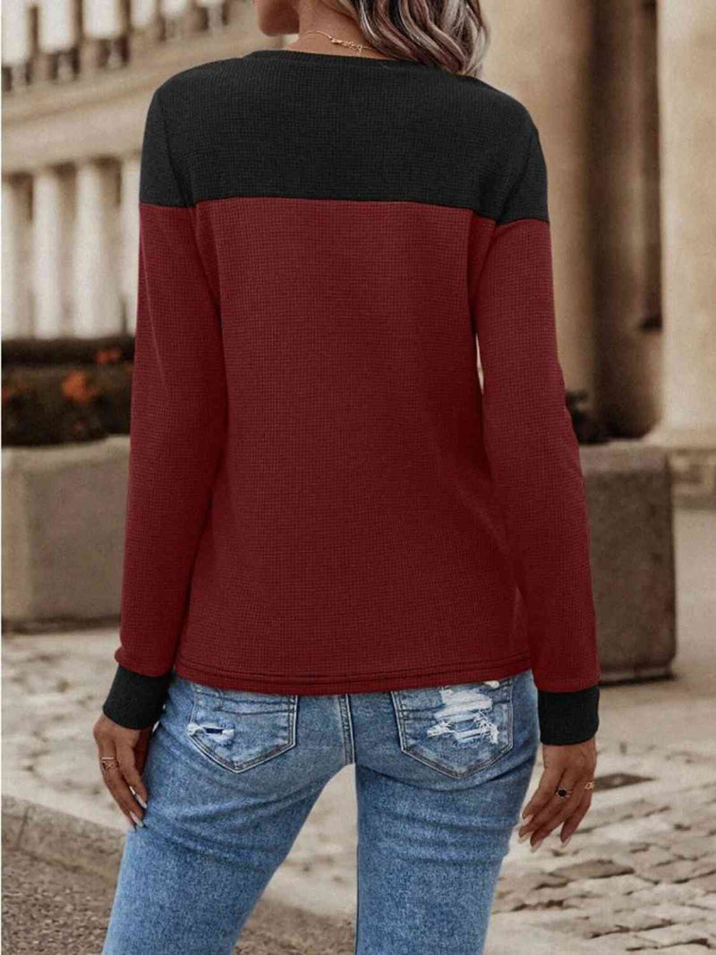 Contrast Buttoned Round Neck Long Sleeve T-Shirt