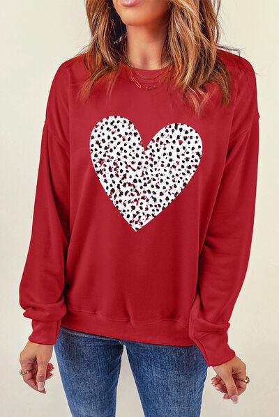 Heart Round Neck Dropped Shoulder Sweatshirt