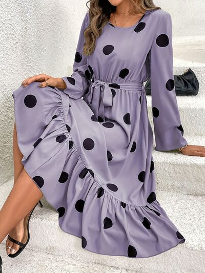 Tied Polka Dot Round Neck Ruffle Hem Dress