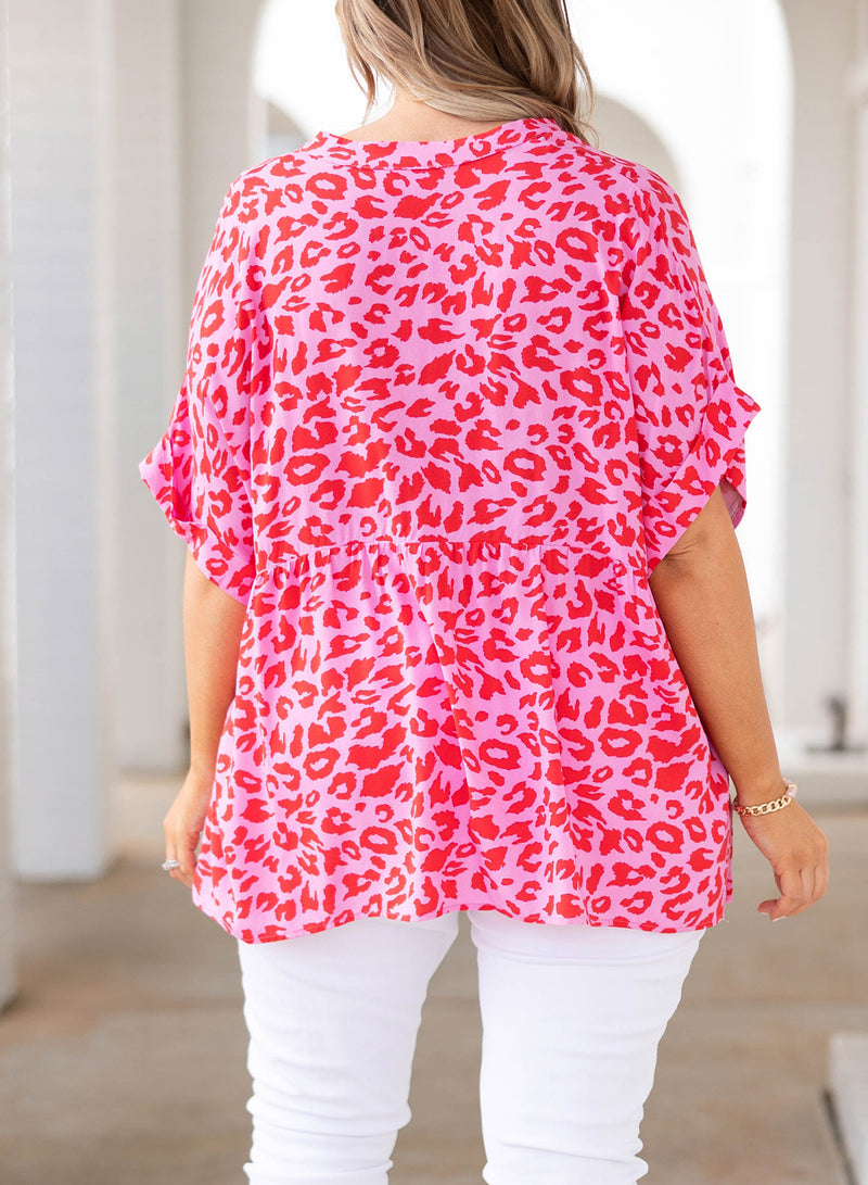 Plus Size Printed Notched Neck Half Sleeve Top