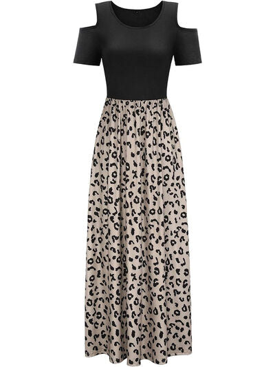 Leopard Round Neck Cold Shoulder Dress