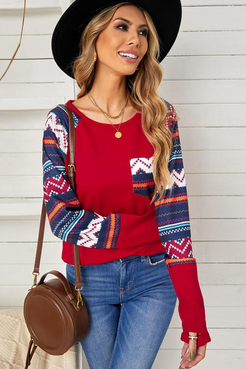 Geometric Long Sleeve Blouse With Pocket