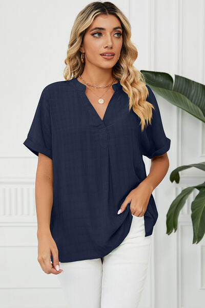 Ruched Notched Short Sleeve Blouse