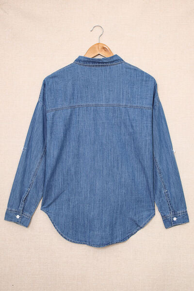 Pocketed Button Up Collared Neck Denim Top