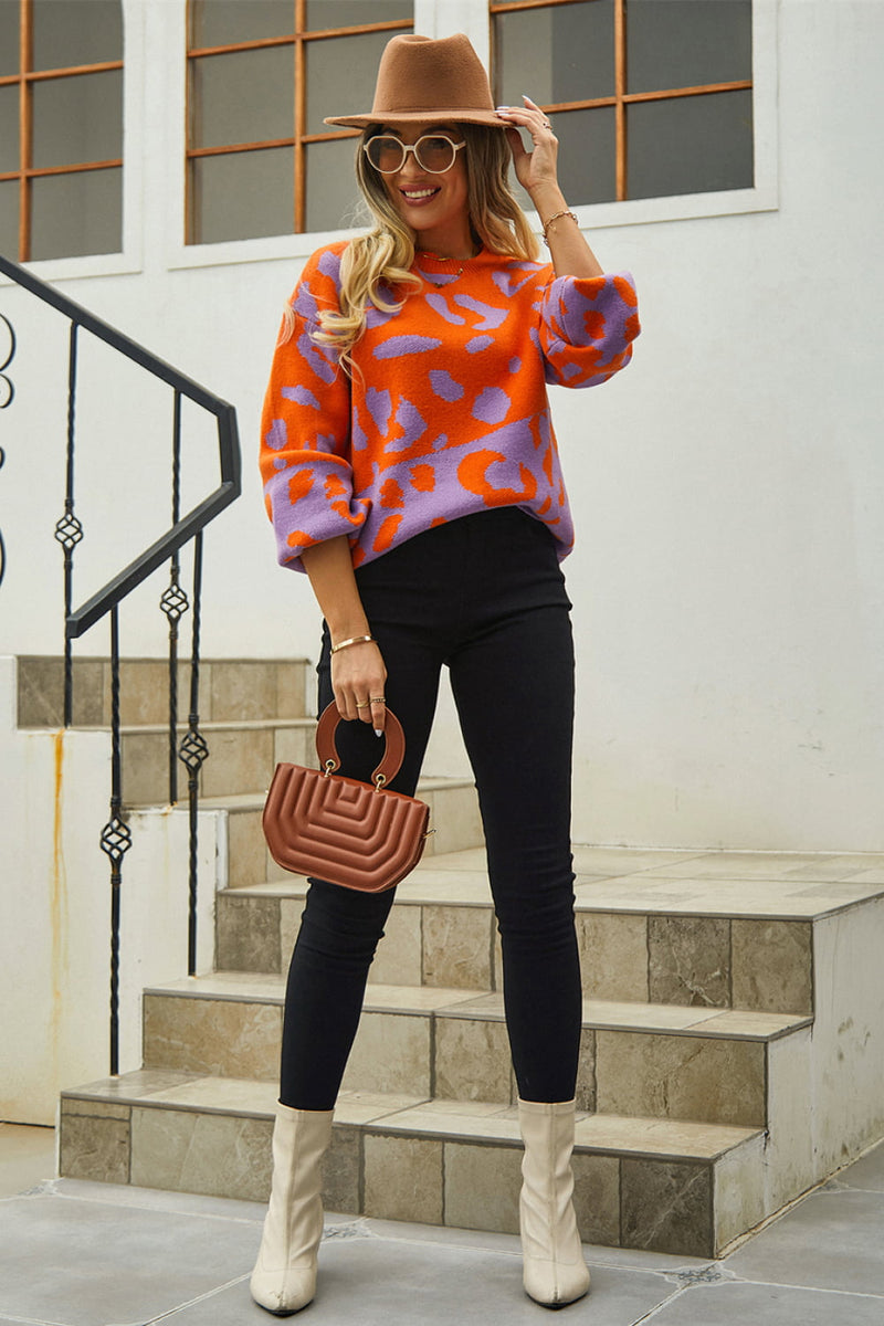 Leopard Round Neck Dropped Shoulder Sweater