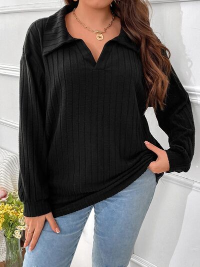Plus Size Ribbed Johnny Collar Long Sleeve T-Shirt