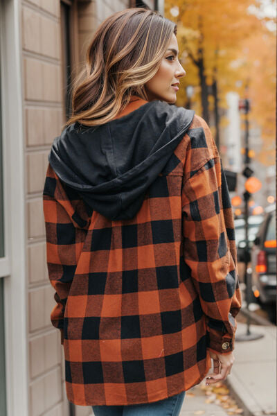 Plaid Button Up Drawstring Hooded Shacket