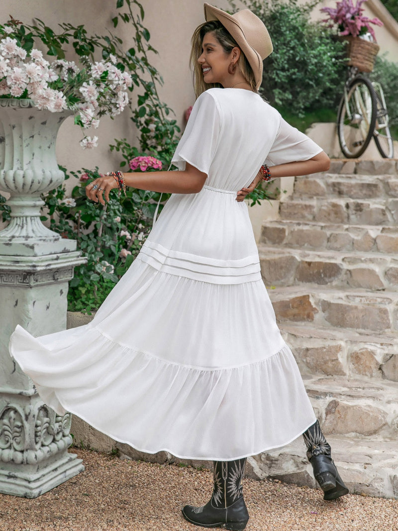 Tie Neck Short Sleeve Ruffle Hem Dress