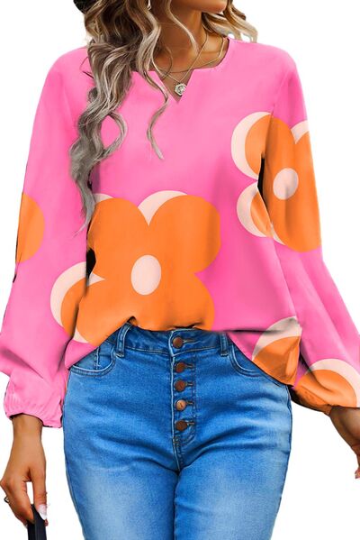 Flower Notched Balloon Sleeve Blouse