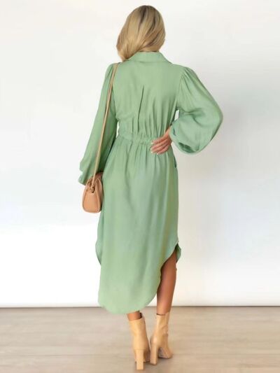 Drawstring Button Up Balloon Sleeve Dress