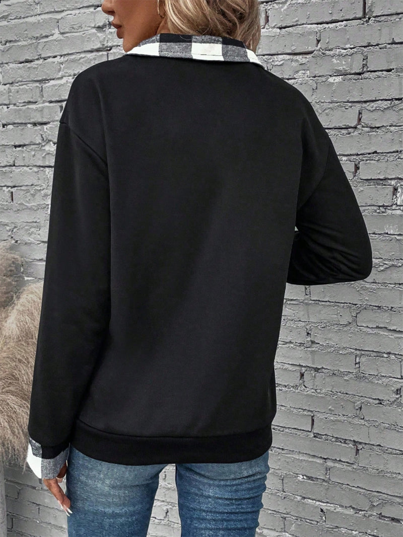 Plaid Quarter-Zip Collared Sweatshirt