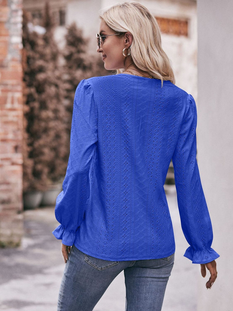 Eyelet V-Neck Flounce Sleeve Blouse