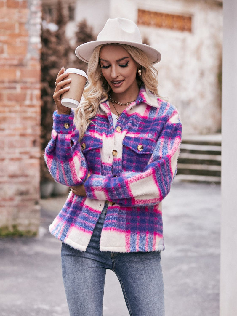 Plaid Dropped Shoulder Collared Jacket