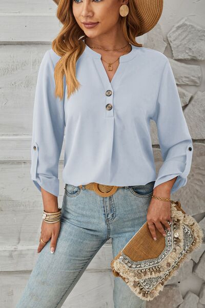 Decorative Button Notched Long Sleeve Blouse