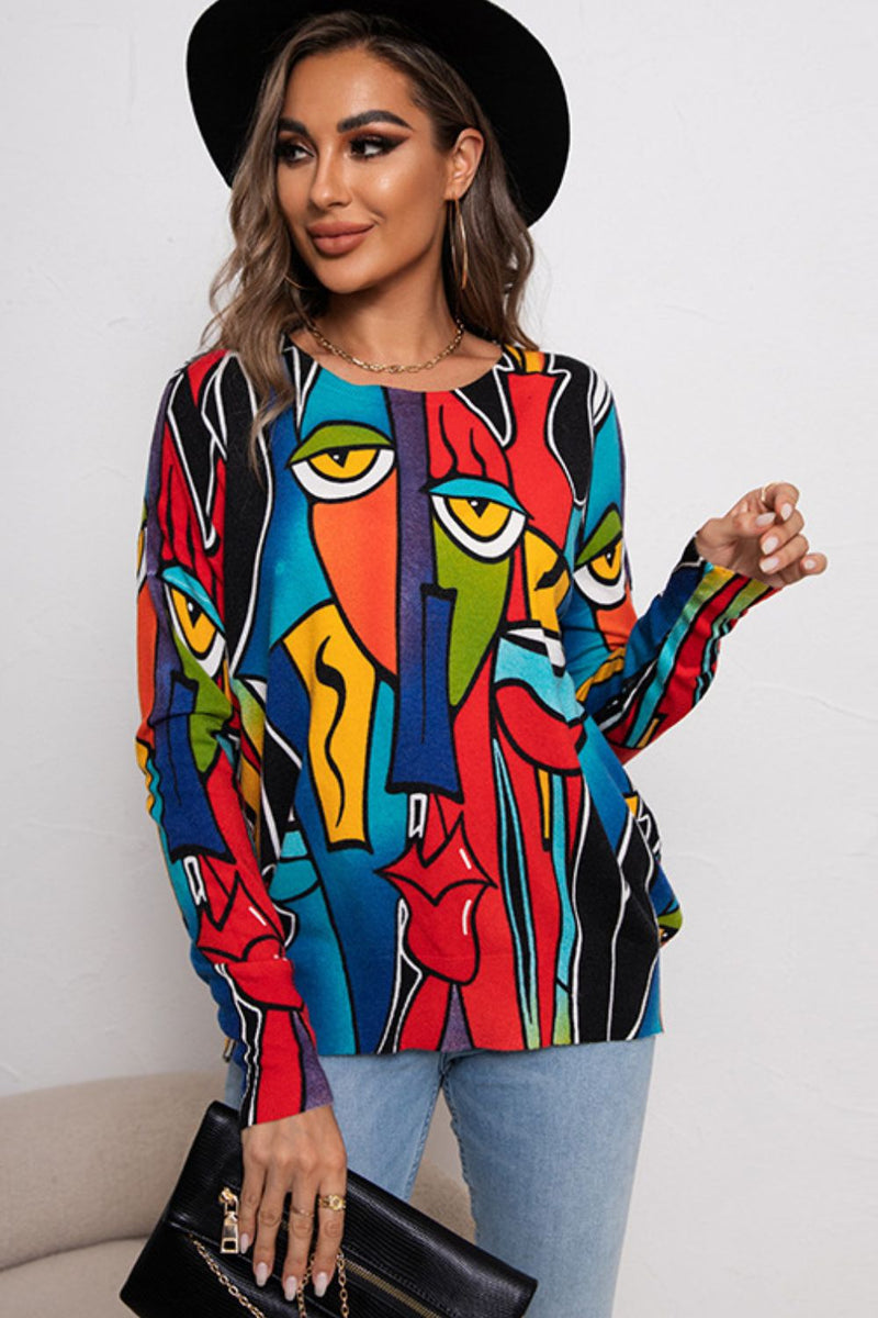 SAMPLE Figure Print Round Neck Long Sleeve Knit Top
