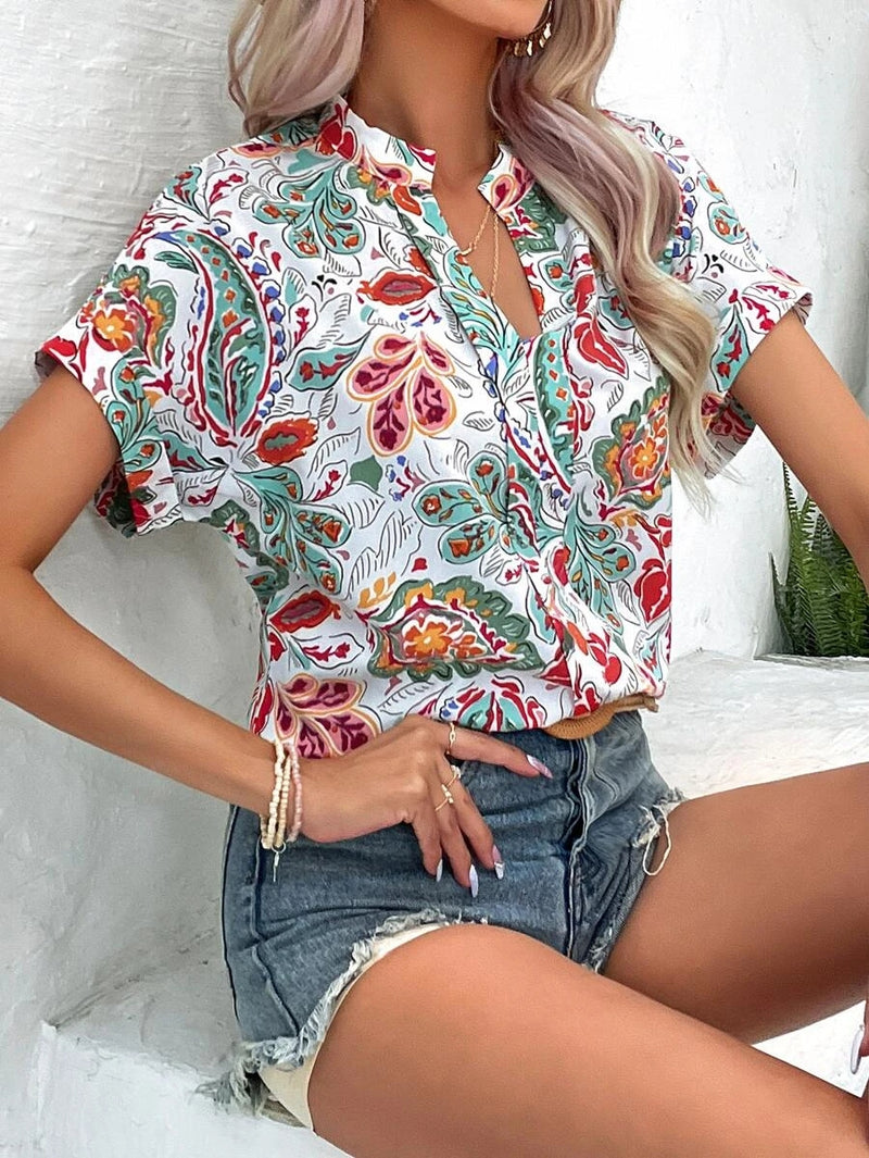 Printed Notched Neck Short Sleeve Blouse