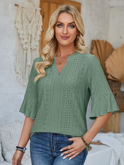 Eyelet Notched Half Sleeve T-Shirt