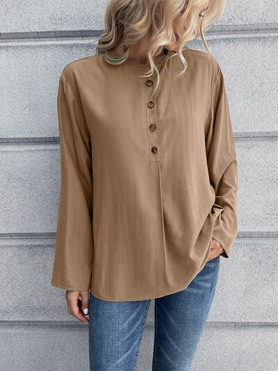 Half Button Long Sleeve Blouse