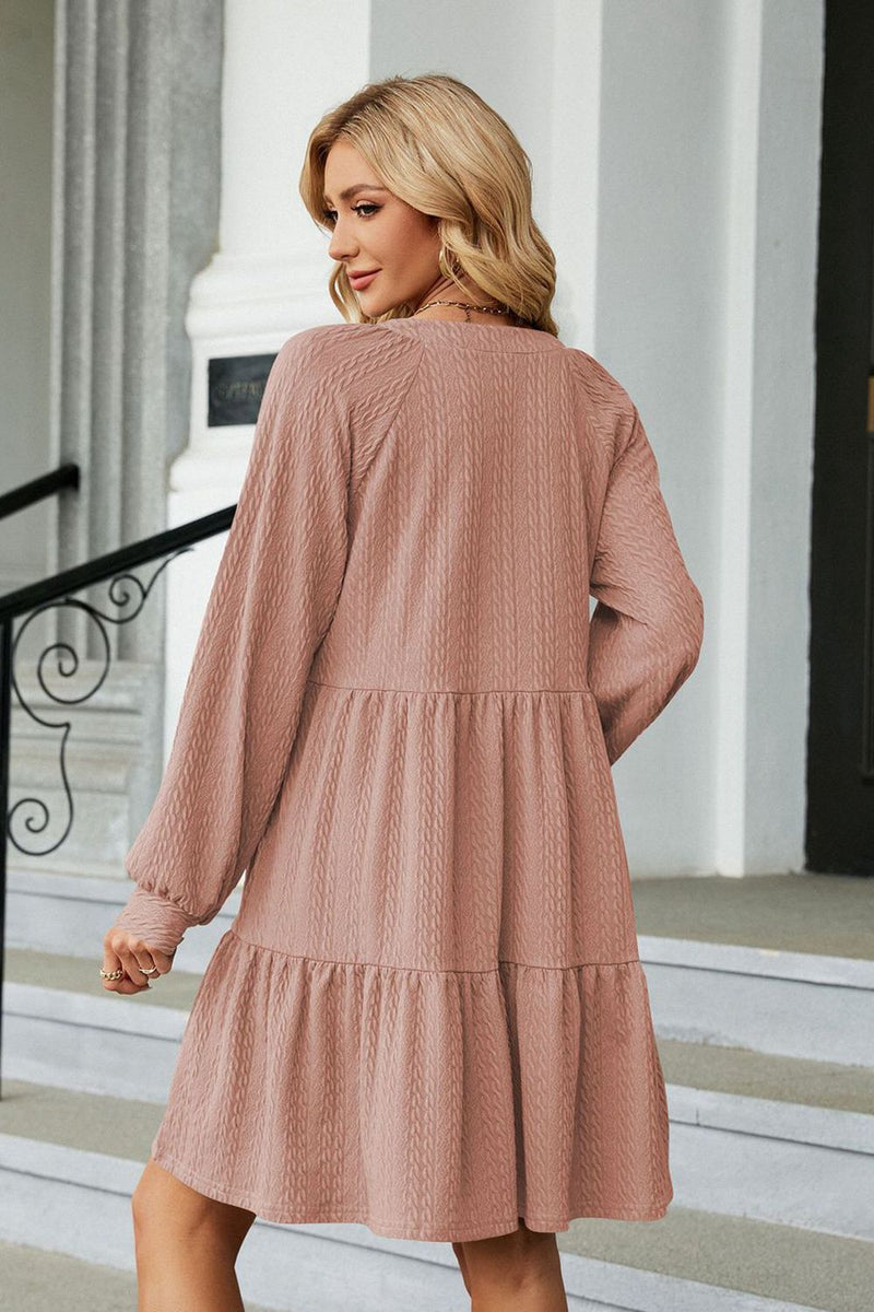 Notched Neck Long Sleeve Mini Dress