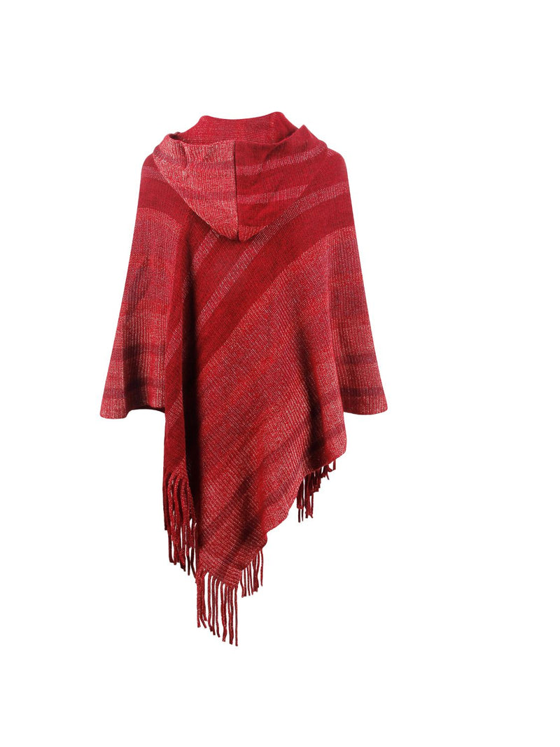 Striped Fringe Hem Hooded Poncho