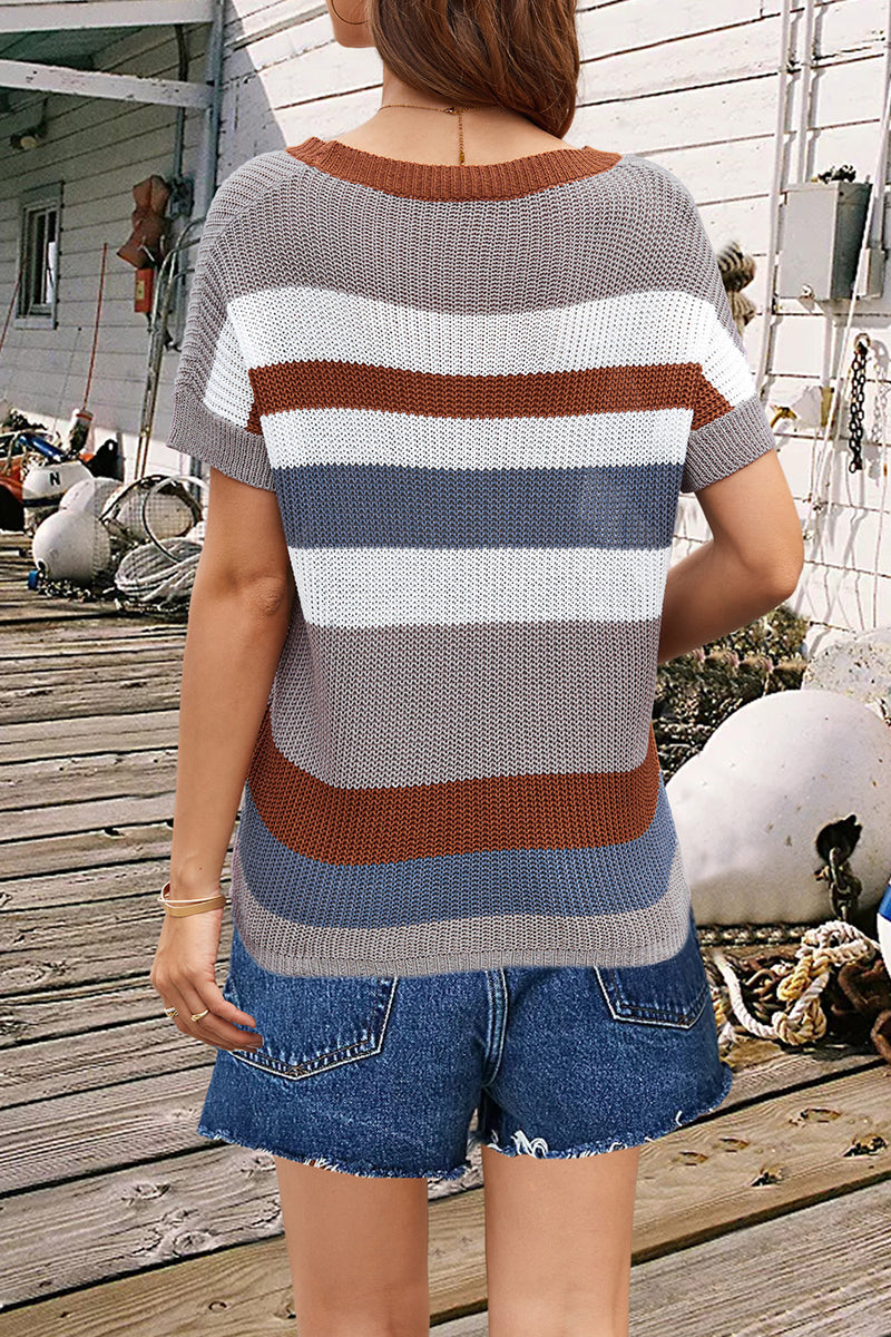 Striped Round Neck Short Sleeve Knit Top