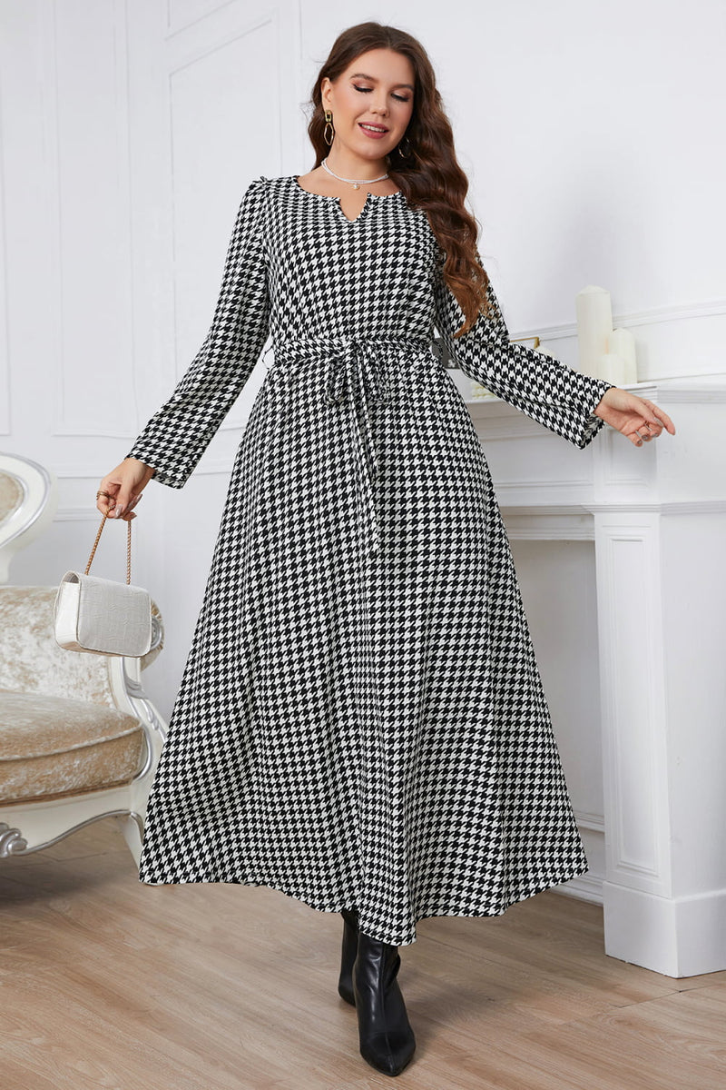 Plus Size Notched Neck Houndstooth Tie Belt Maxi Dress