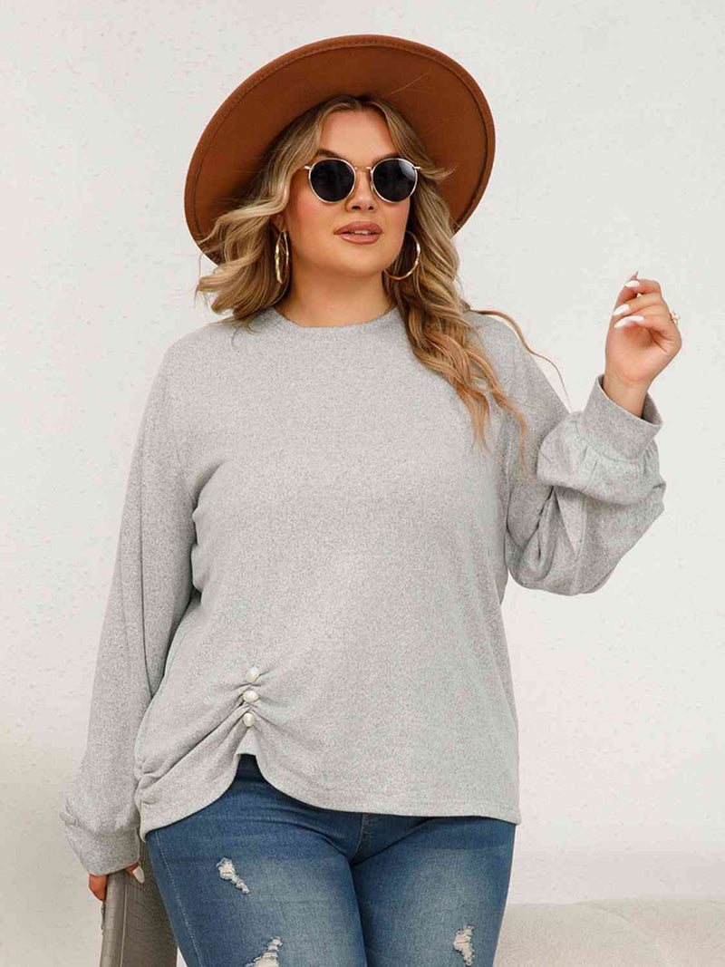 Plus Size Round Neck Ruched Long Sleeve Top