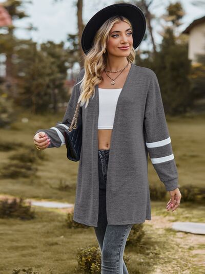 Striped Open Front Dropped Shoulder Cardigan