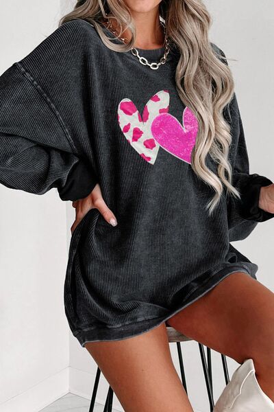 Heart Round Neck Dropped Shoulder Sweatshirt