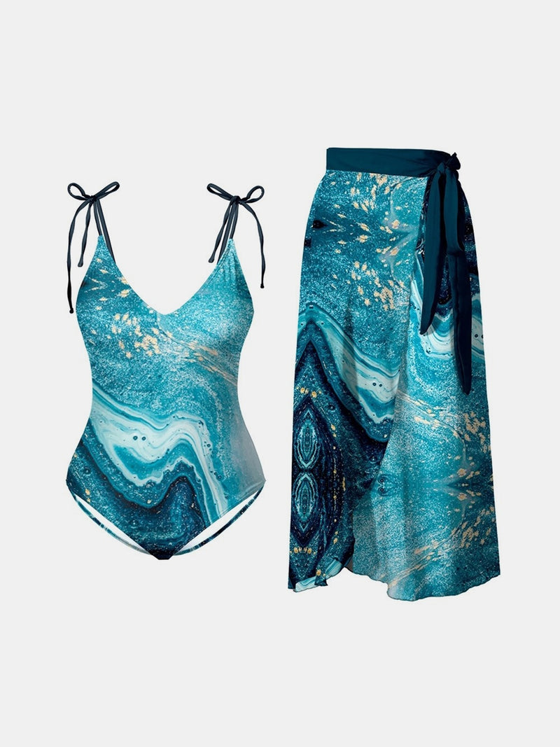 Printed Tie Shoulder Swimwear and Skirt Swim Set