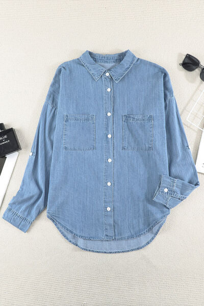Pocketed Button Up Collared Neck Denim Top